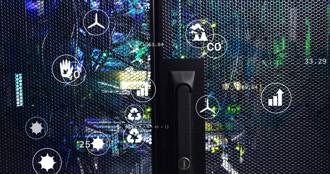 Ecology Icons Overlaying Modern Data Server Room