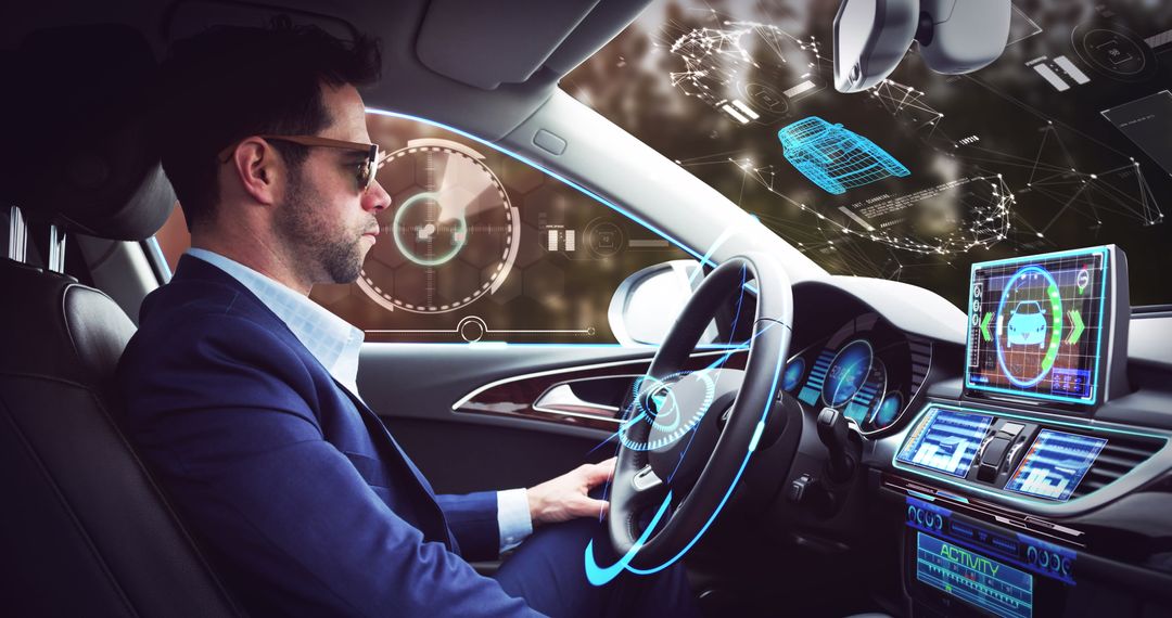 Businessman Relaxing in Self-Driving Car with Futuristic Interface