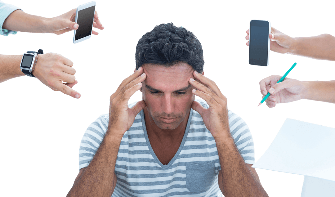 Stressed Businessman Overwhelmed by Digital World Transparent Background