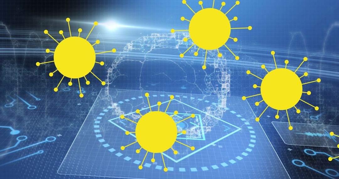 Holographic Car Model with Yellow Virus Icons in Virtual Space