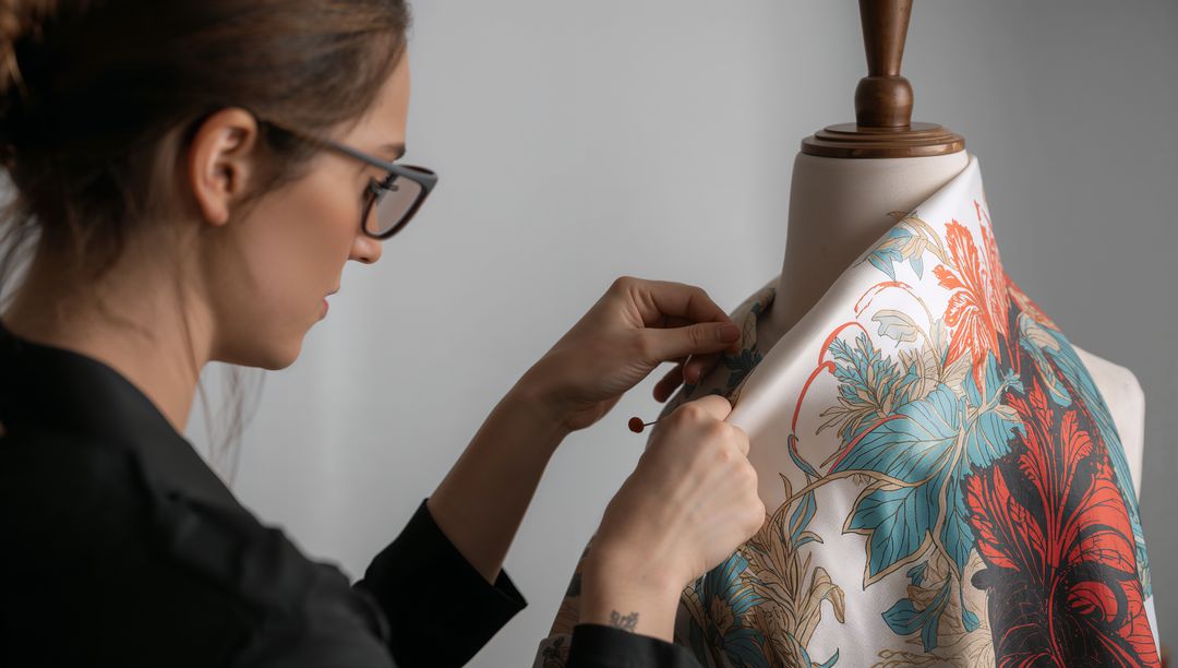Designer Draping Floral Fabric on Dress Form in Studio