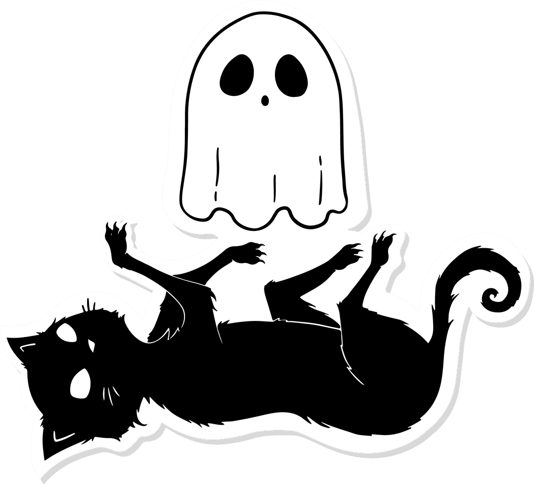Floating Ghost and Black Cat Sticker Transparent Monochrome Design