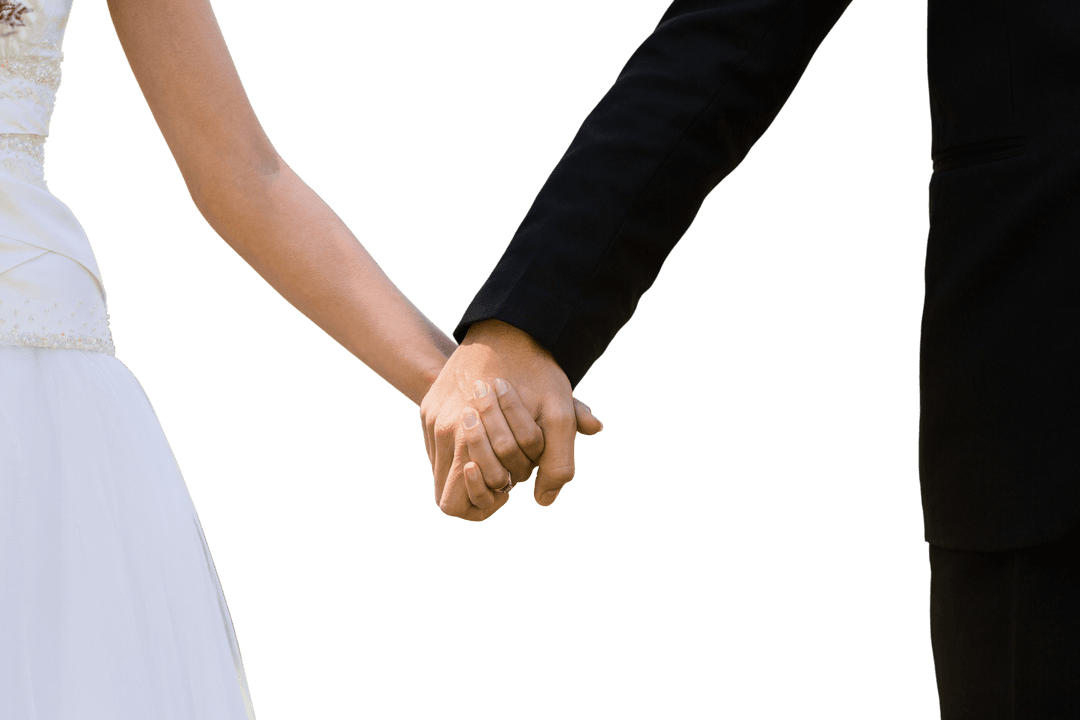 Transparent Close-Up of Newlyweds Holding Hands Outdoors