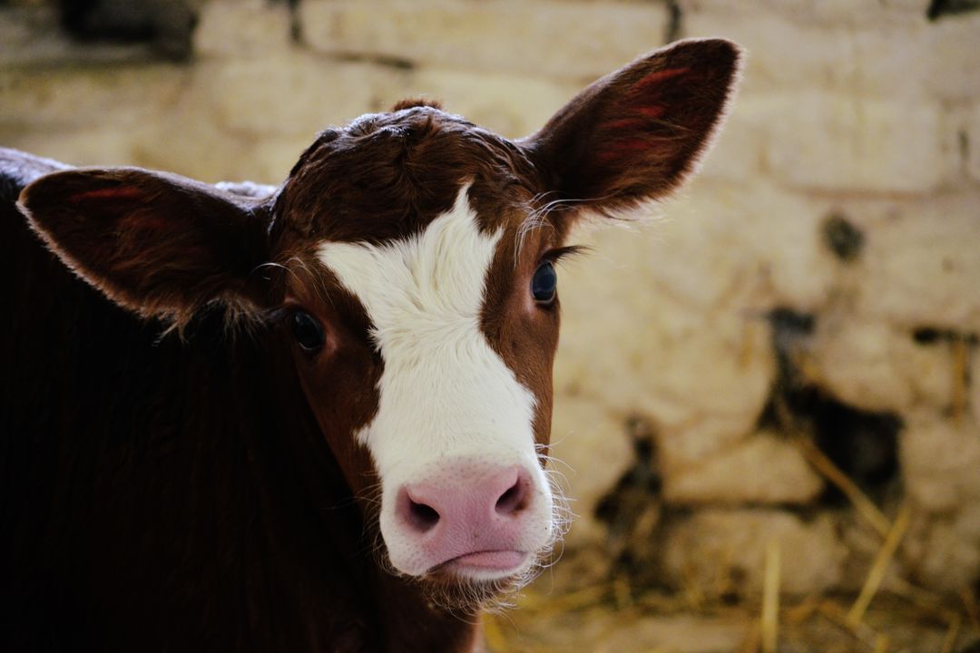 Curious brown and white calf looking at camera with pink nose in rustic barn