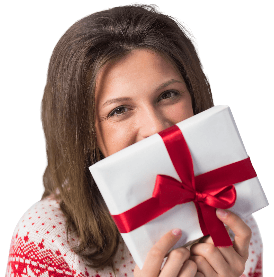 Smiling Brunette Holding Gift with Red Ribbon Transparent Background