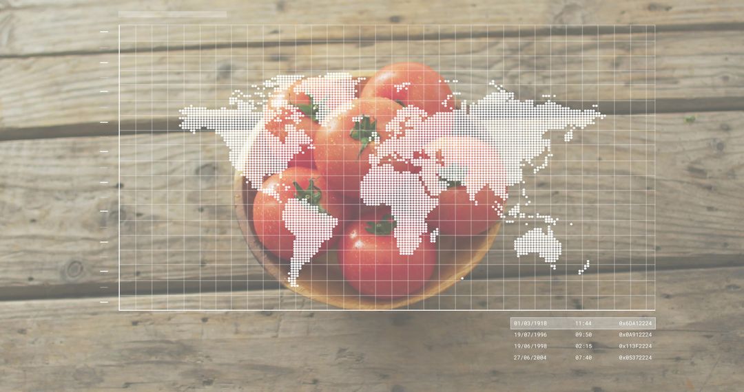 Rustic wooden tabletop showing bowl of ripe tomatoes with dotted world map overlay