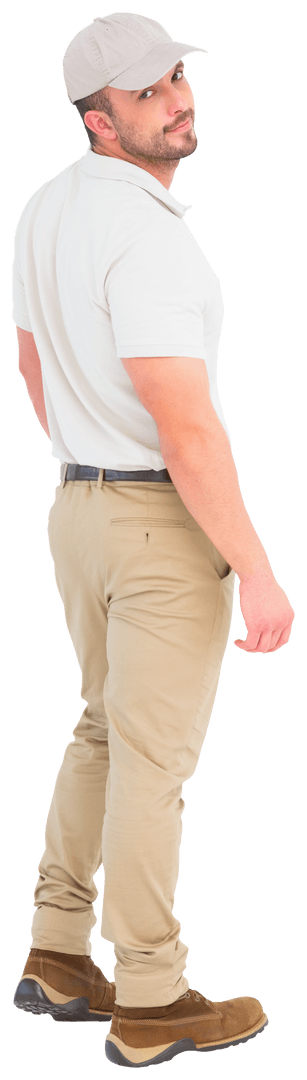 Transparent Pose of Confident Delivery Man in Cap Facing Sideways