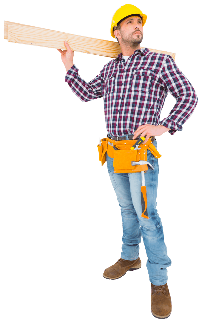 Confident Carpenter Holding Wood Planks in Transparent Background