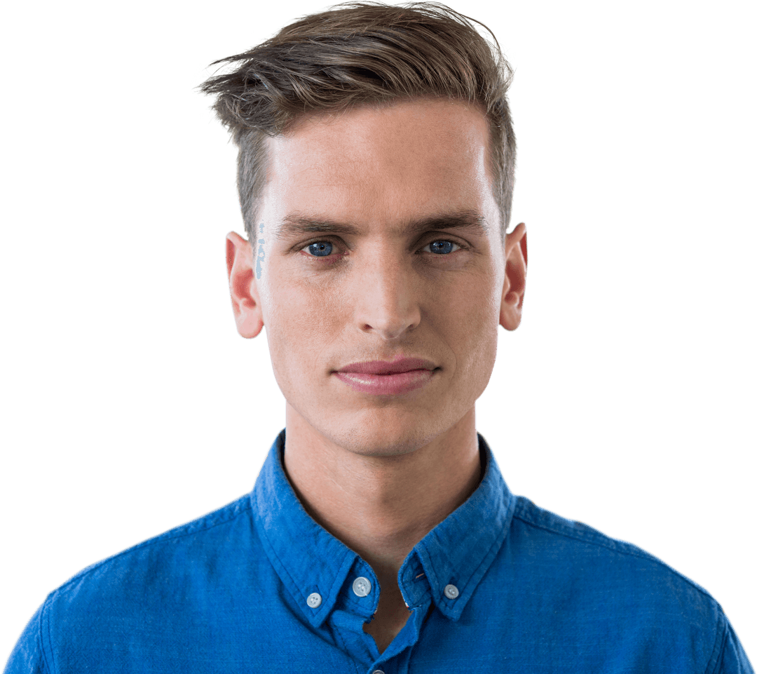 Transparent Close-Up Portrait of Serious Man in Blue Shirt