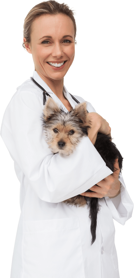 Smiling Vet Holding Yorkshire Terrier Puppy on Transparent Background
