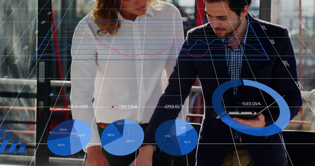 Business Team Analyzing Financial Data with Technology Overlay in Modern Office - Free Images, Stock Photos and Pictures on Pikwizard.com