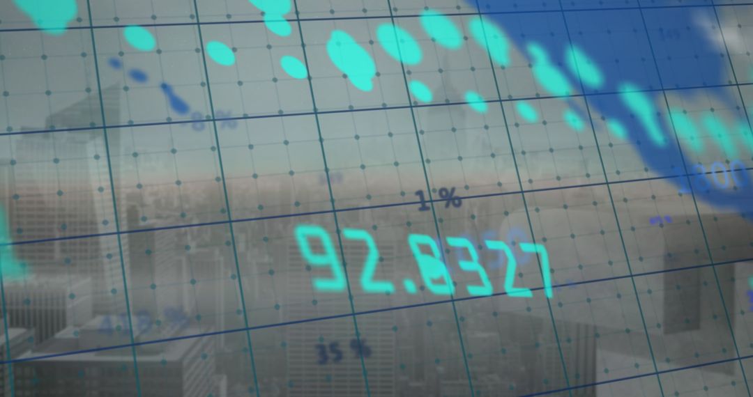 Digital Financial Data Projection Over Cityscape