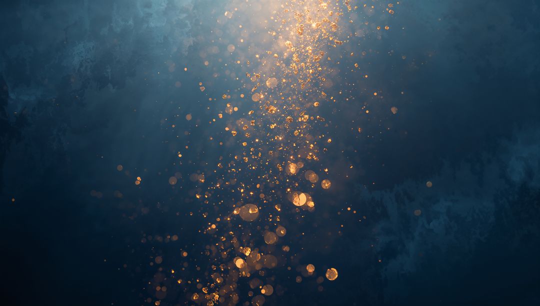 Golden Particles Rising Through Deep Blue Bokeh Column of Light for Abstract Background