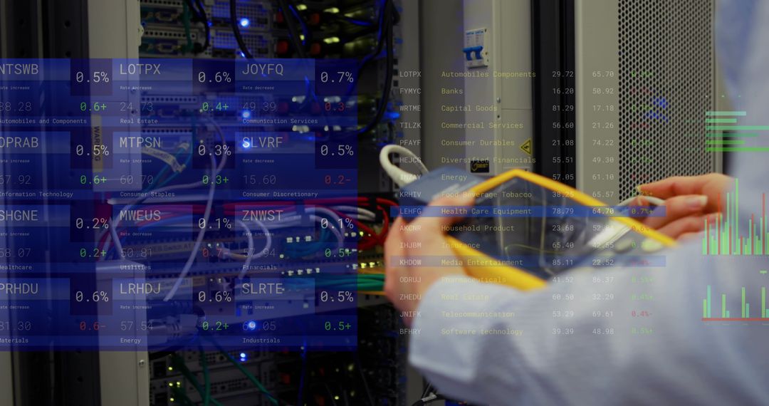 Technician Analyzing Server with Financial Data Overlay