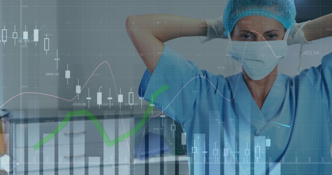 Female Surgeon and Financial Graph Overlay Highlight Dual Sectors