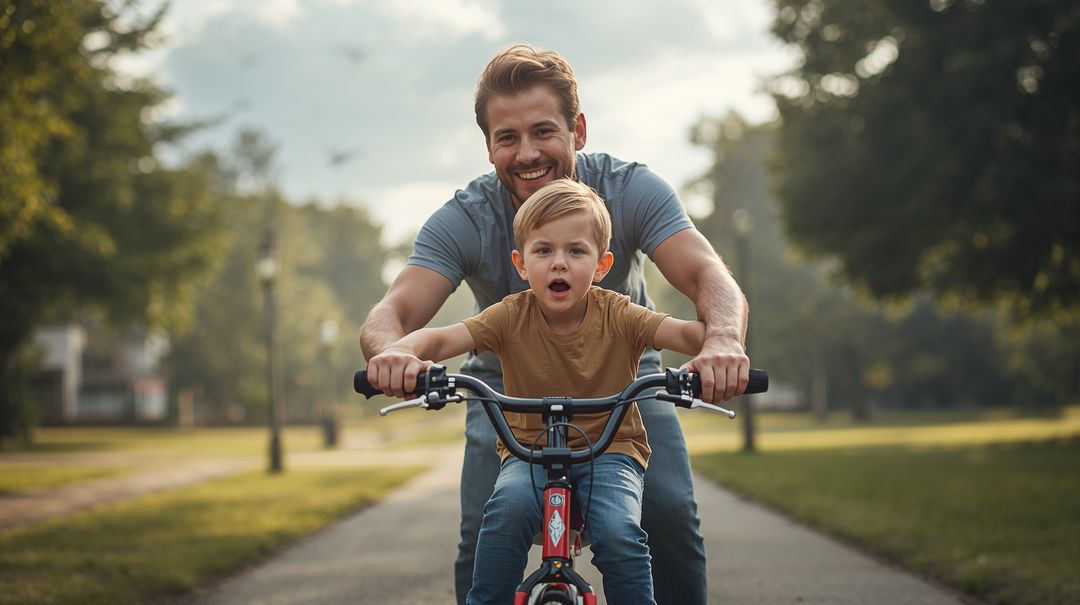 Father Teaching Son to Ride Bike on Park Path Smiling While Guiding First Pedaling Steps