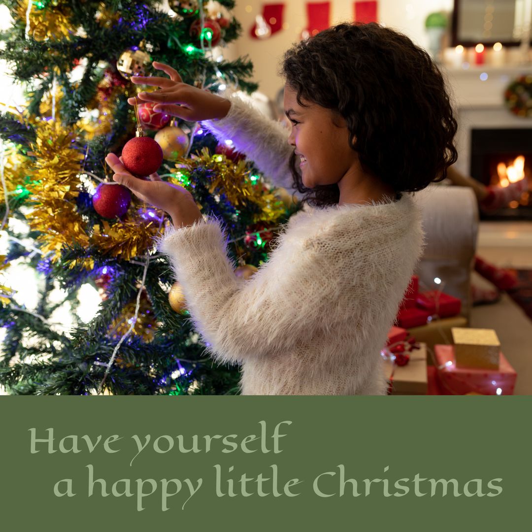 Smiling Biracial Girl Decorating Christmas Tree with Baubles - Download Free Stock Templates Pikwizard.com