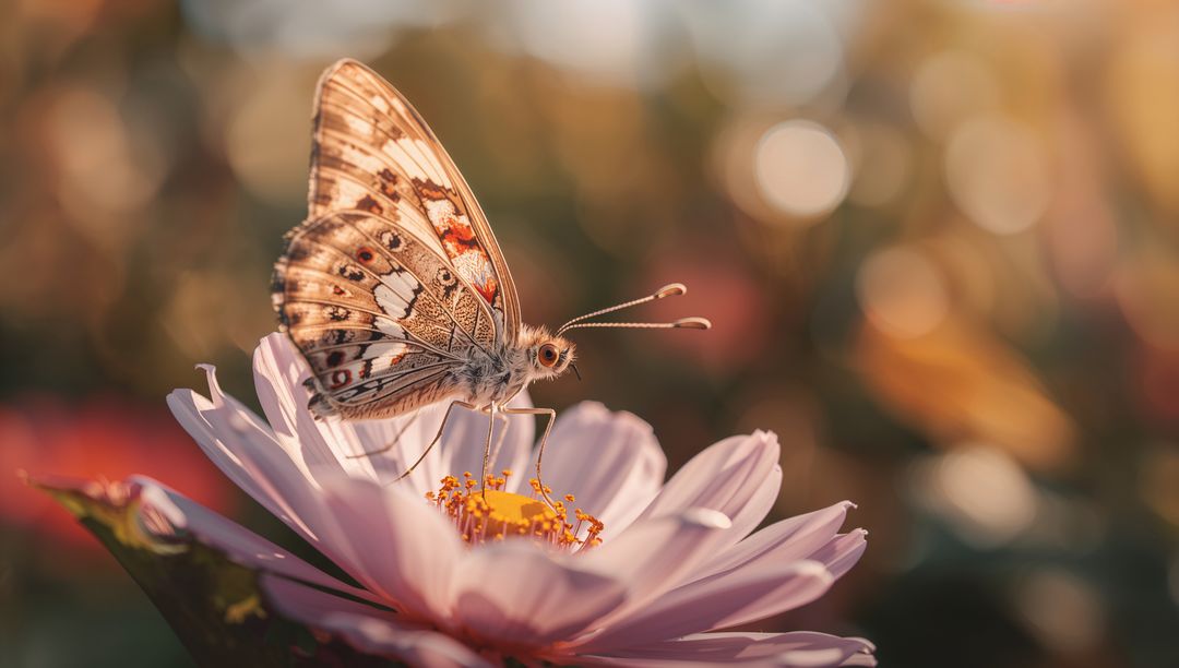 Patterned butterfly perching on pale pink daisy in golden bokeh garden closeup