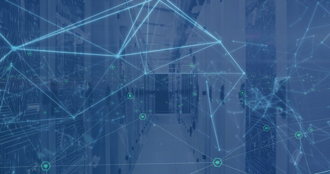 Futuristic Digital Interface Over Server Room with Network Connections