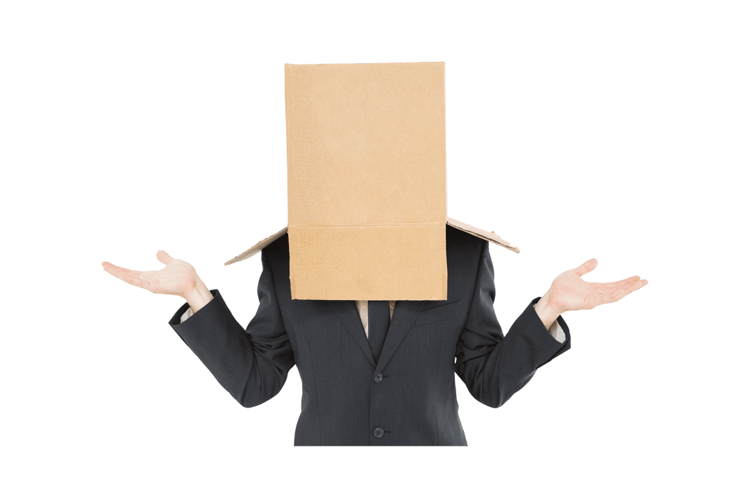 Caucasian Businessman with Box on Head, Hands Raised, Transparent Background