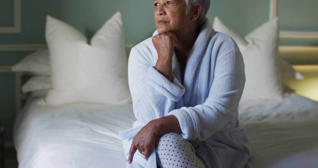 Serene Older Woman Contemplating in Bedroom Wearing Bathrobe - Free Images, Stock Photos and Pictures on Pikwizard.com