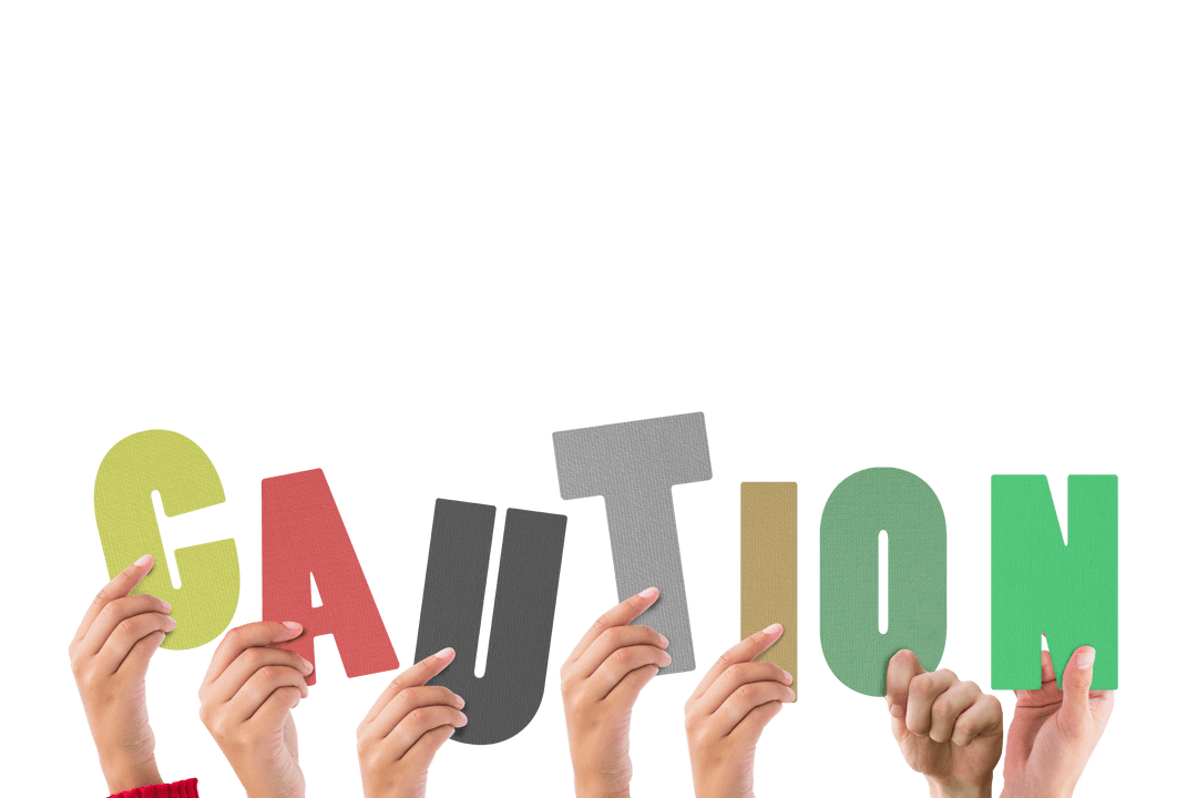 Transparent Background: Hands Lifting Colorful Caution Word