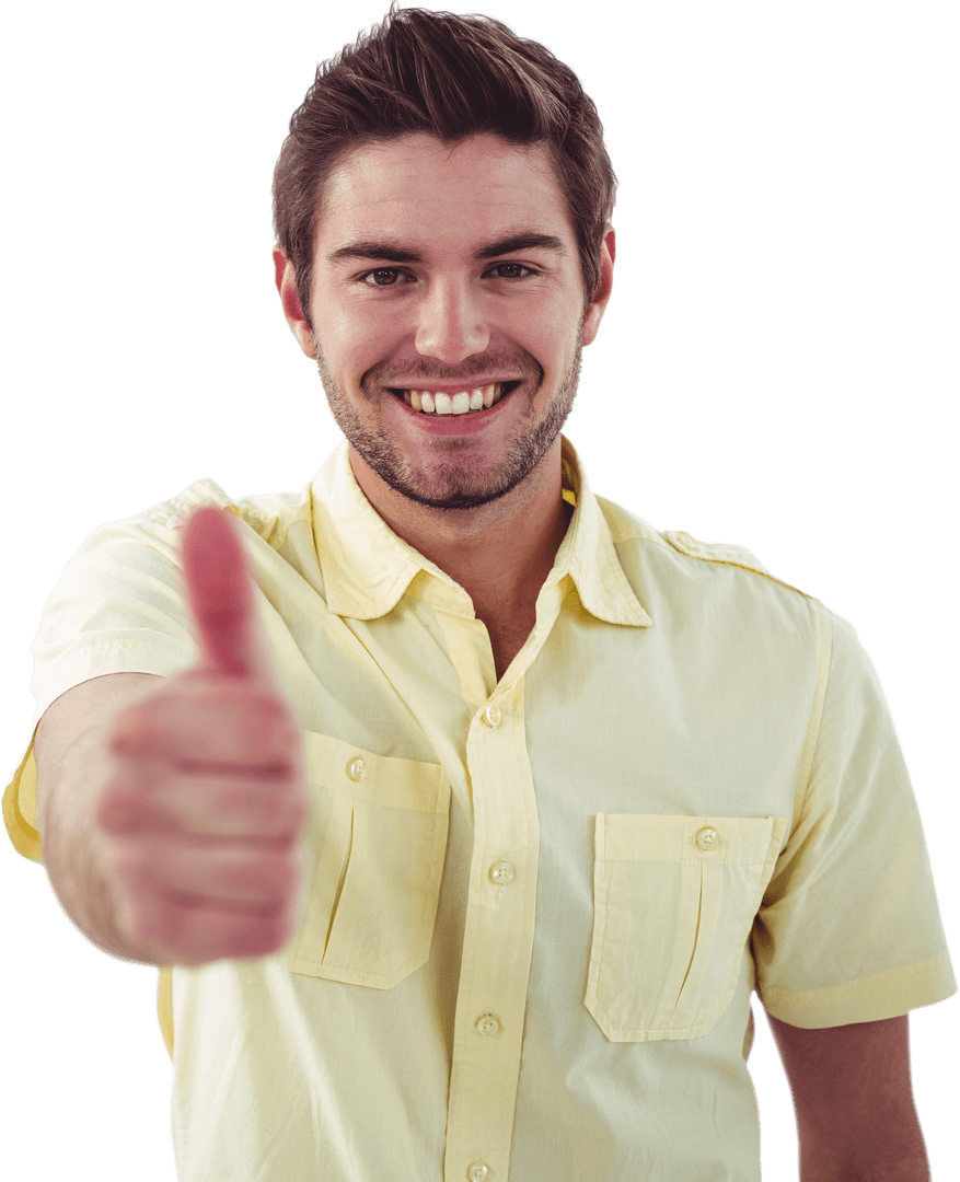 Smiling Man in Yellow Shirt Giving Thumbs Up on Transparent Background