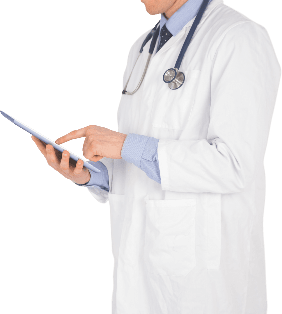 Midsection Doctor Holding Digital Tablet on Transparent Background