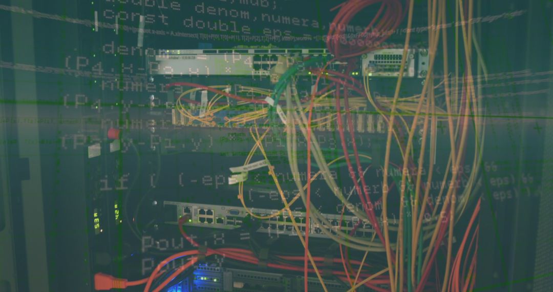 Server Room with Network Cables and Software Coding Overlay
