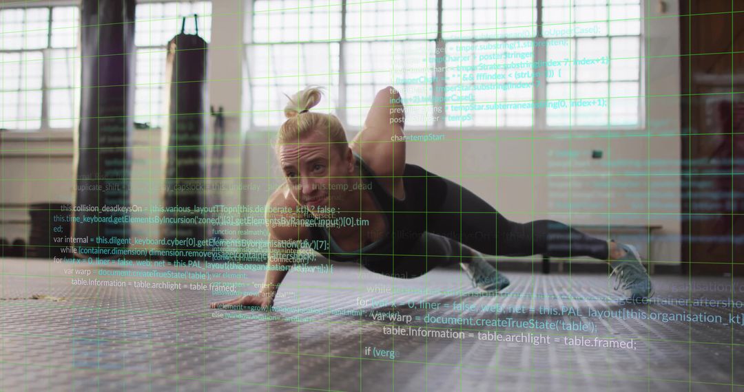 Female Athlete Performs One-Arm Push-Up with Futuristic Code Overlay
