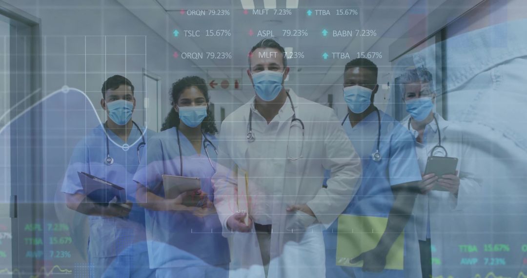 Medical Team Analyzing Data in Hospital Corridor with Overlay