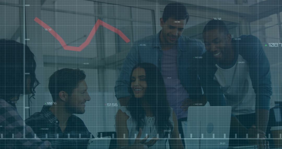 Diverse Business Team Collaborating with Financial Graph Overlay