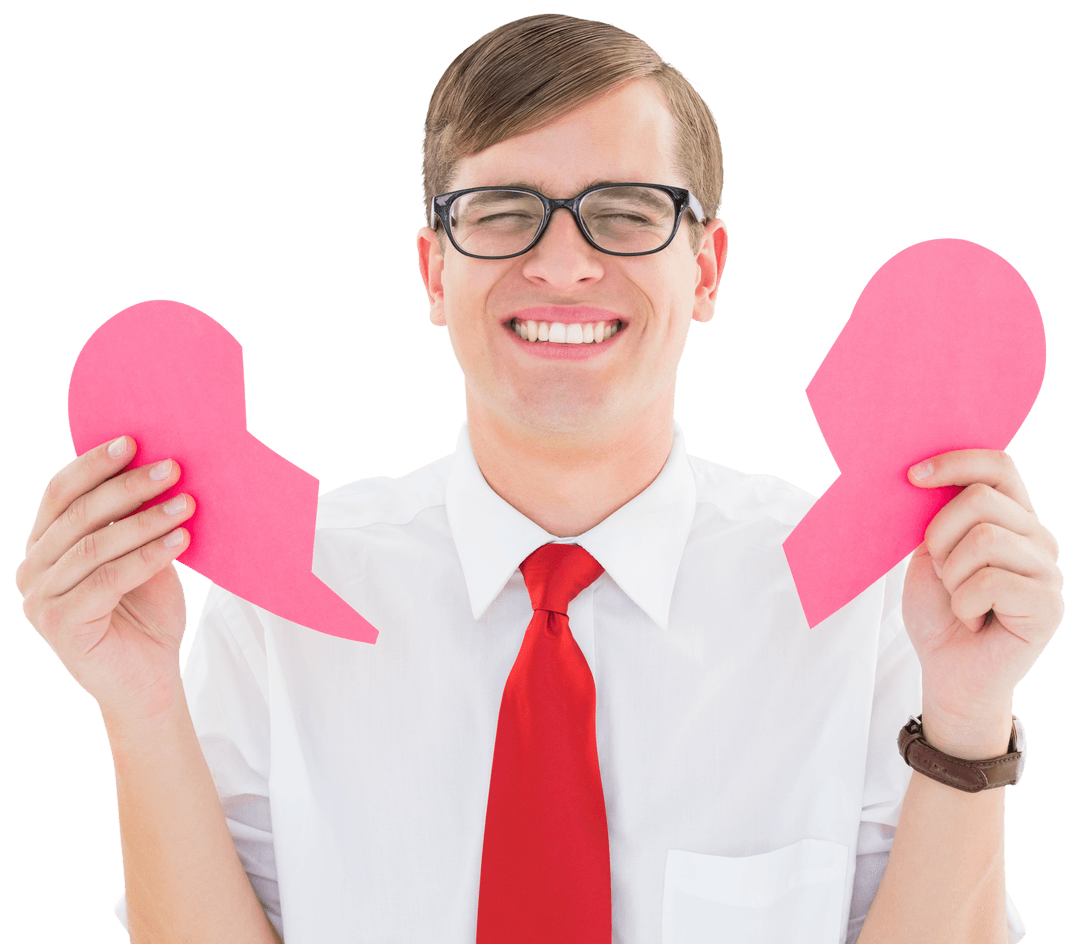 Smiling Man in Glasses Holding Transparent Broken Heart