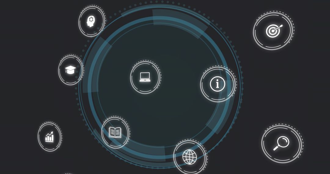 Futuristic HUD Interface With Concentric Neon Rings, Tech Icons and Data Visualization