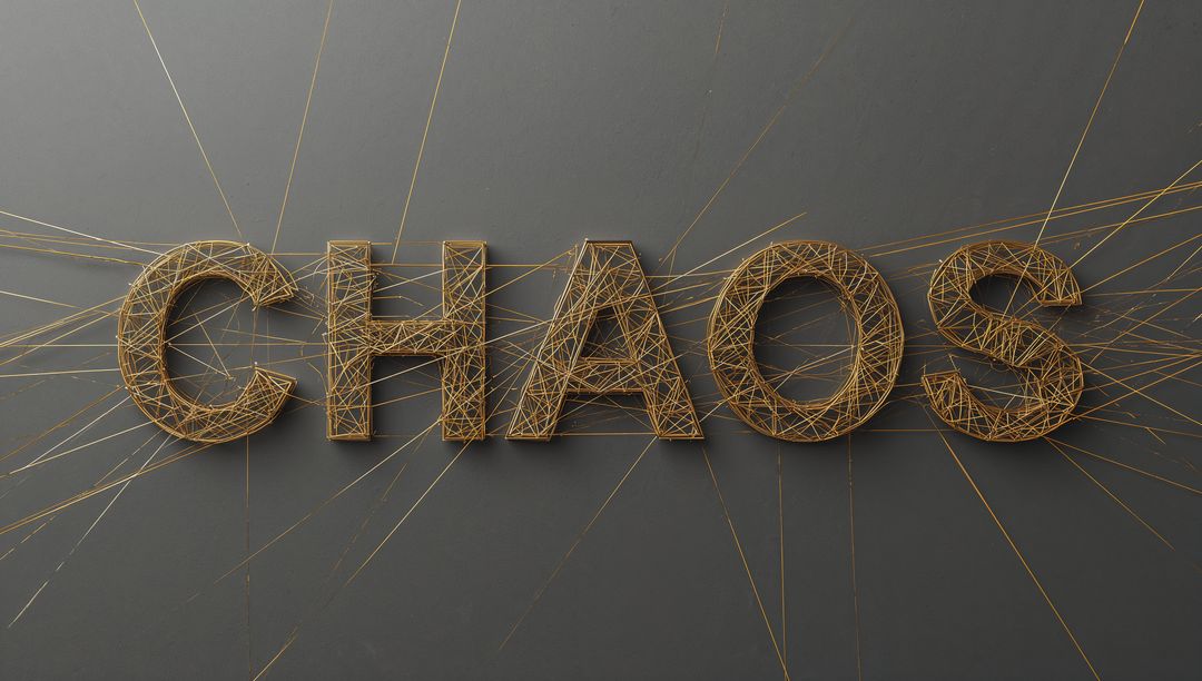 CHAOS spelling in gold string on dark wall, geometric metallic letters radiating threads