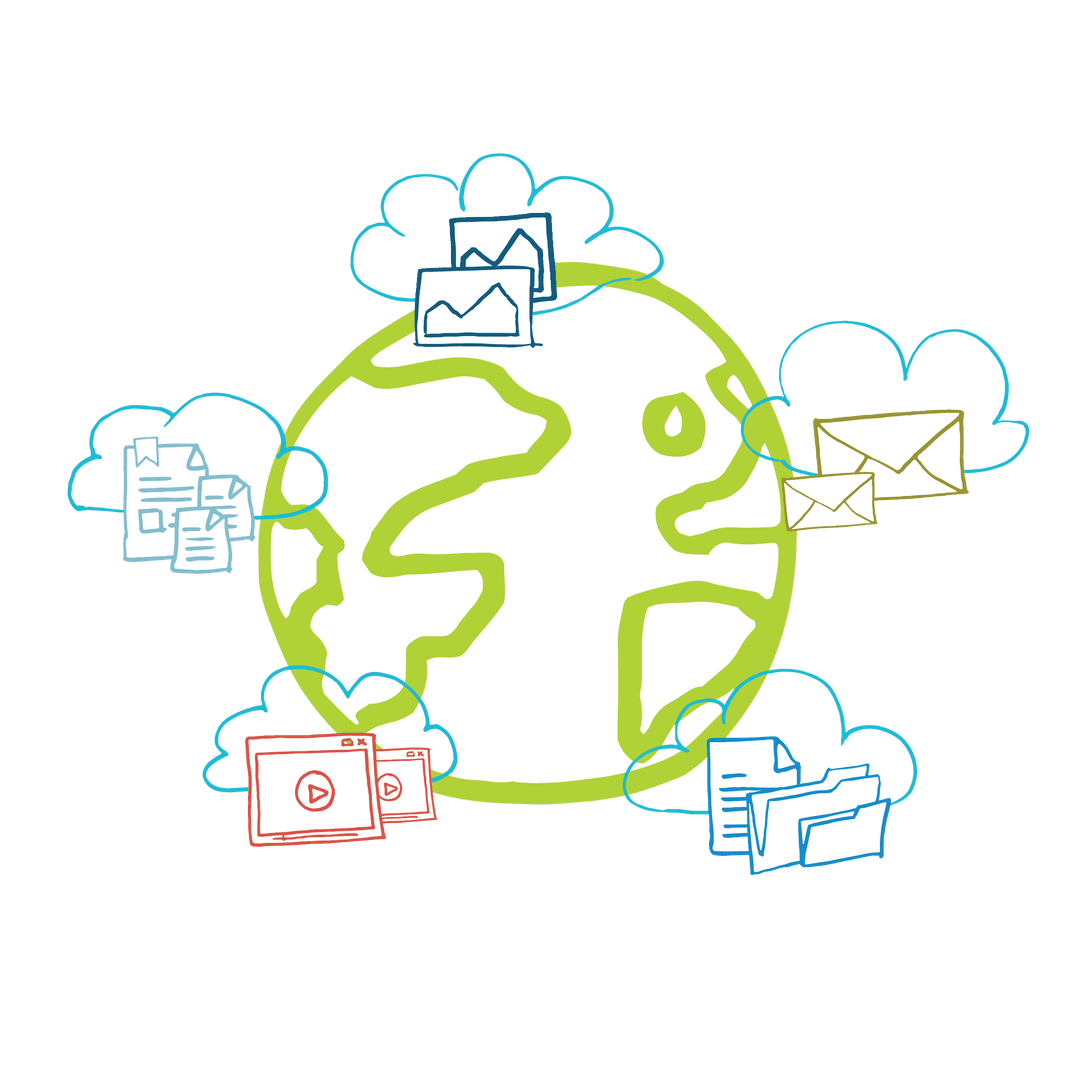 Digital Cloud Storage around Globe with Media Icons on Transparent Background