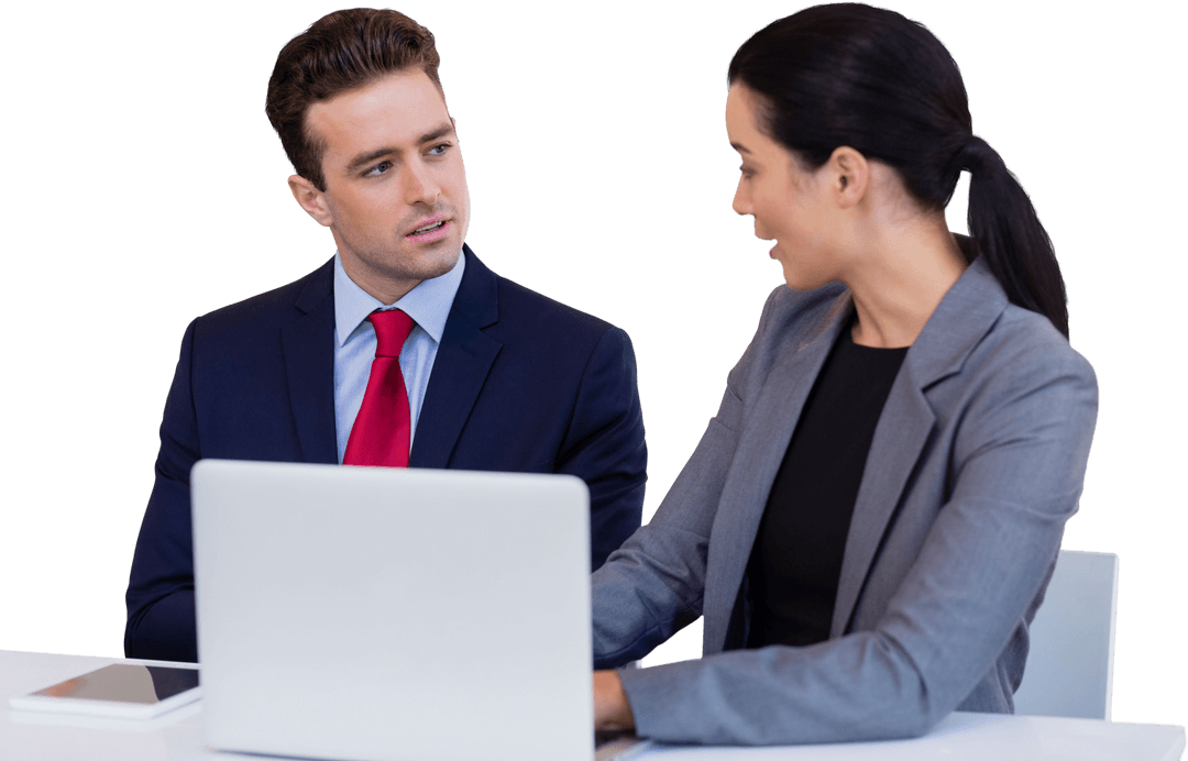 Transparent Business Professionals Discussing Laptop