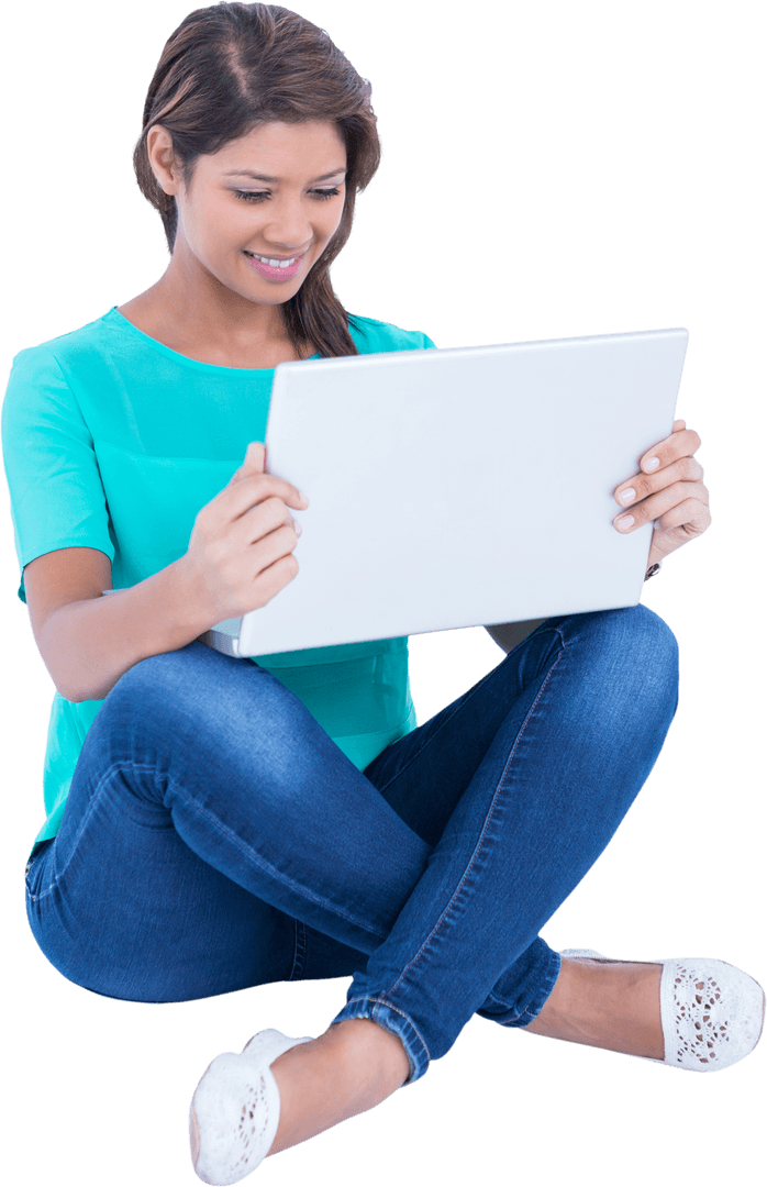 Smiling Woman in Casual Outfit Using Laptop on Transparent Background
