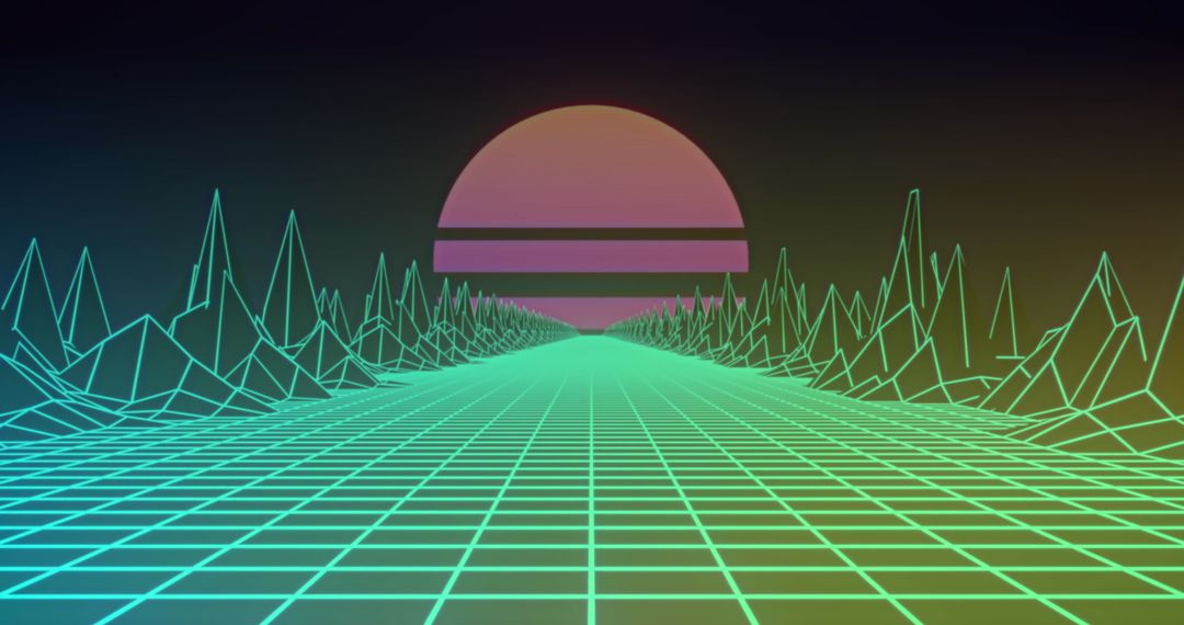 Retro Futuristic Digital Landscape with Neon Sunset