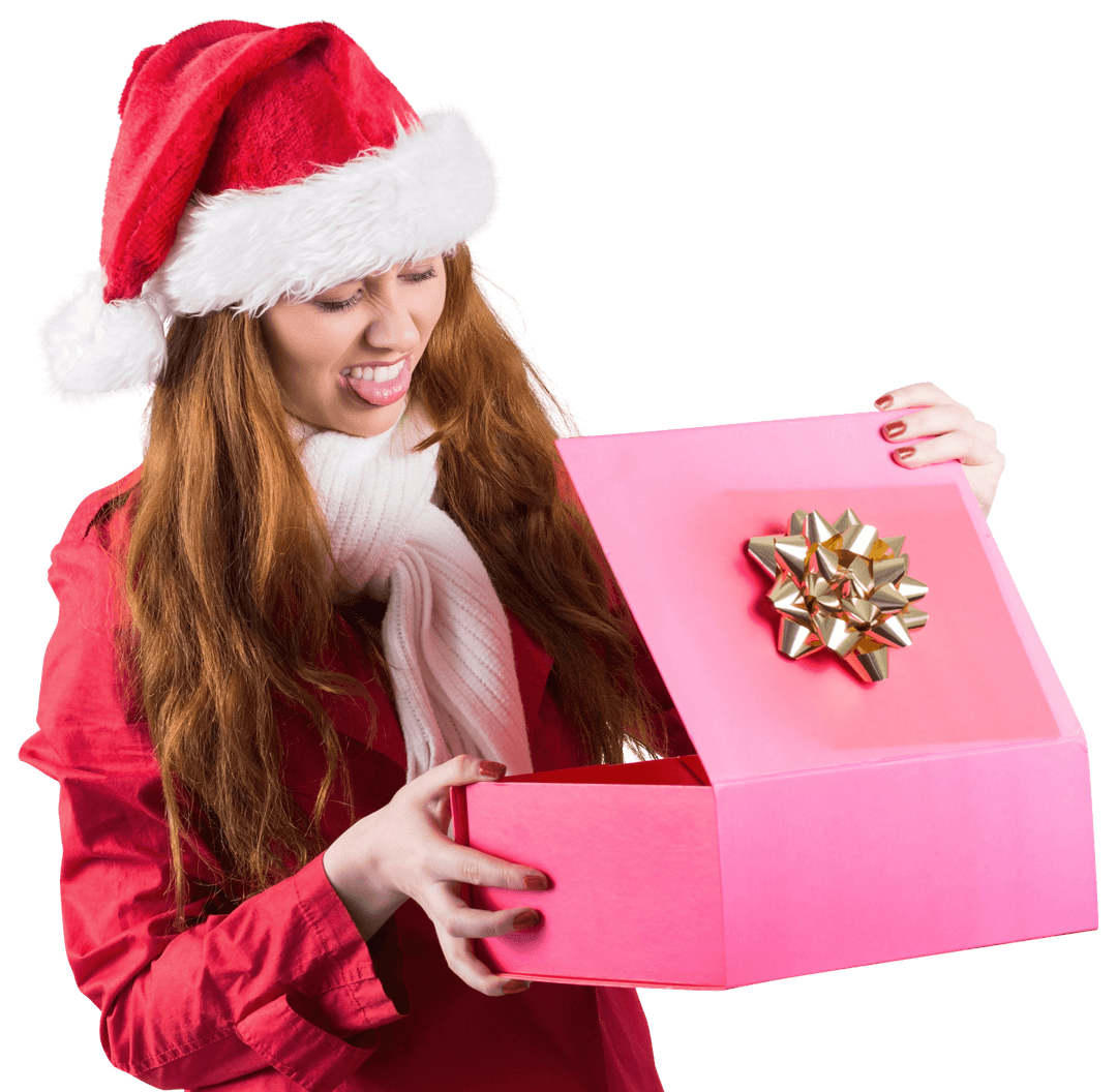 Joyful Redhead Opening Gift with Santa Hat and Pink Box
