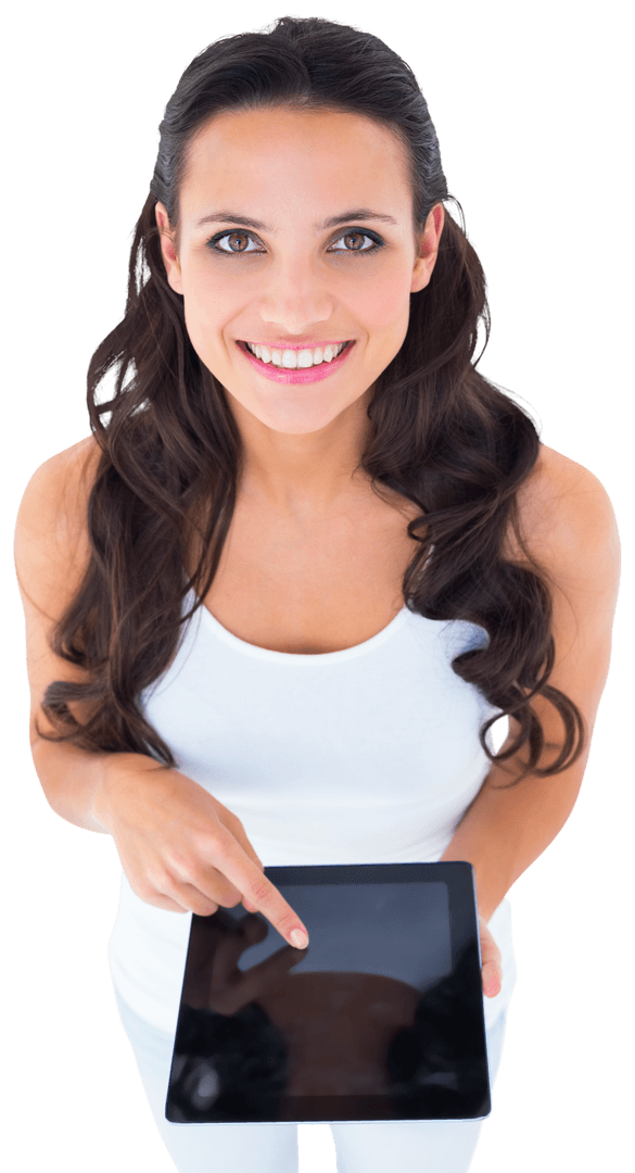 Happy Woman with Long Hair Using Transparent Tablet