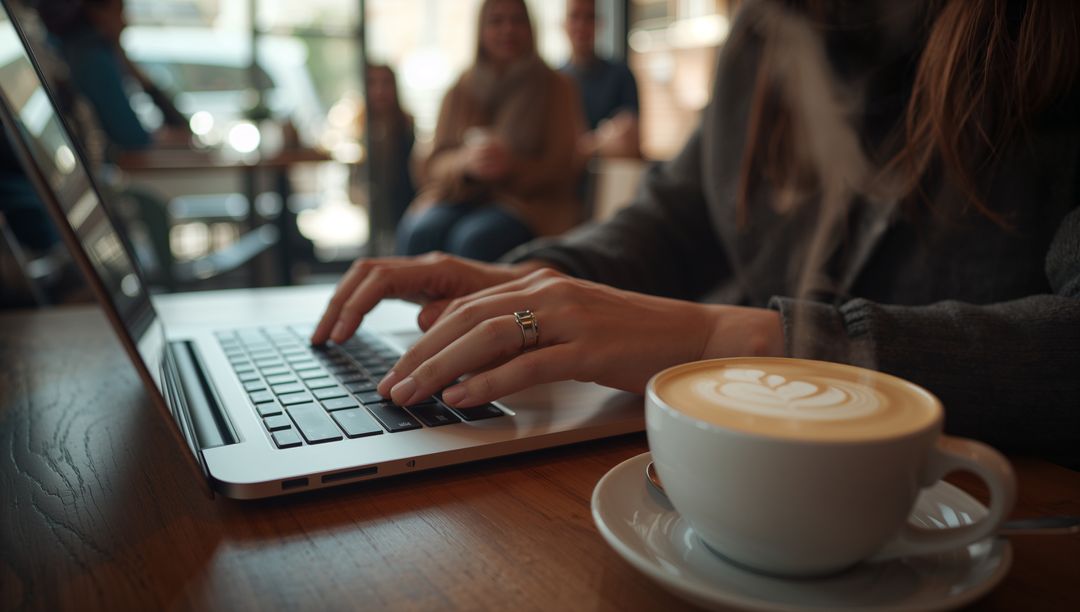 Hands Typing on Laptop with Coffee in Cozy Cafe