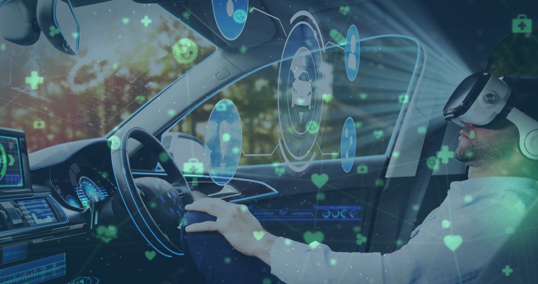 Man in Virtual Reality headset experiencing self-driving car technology