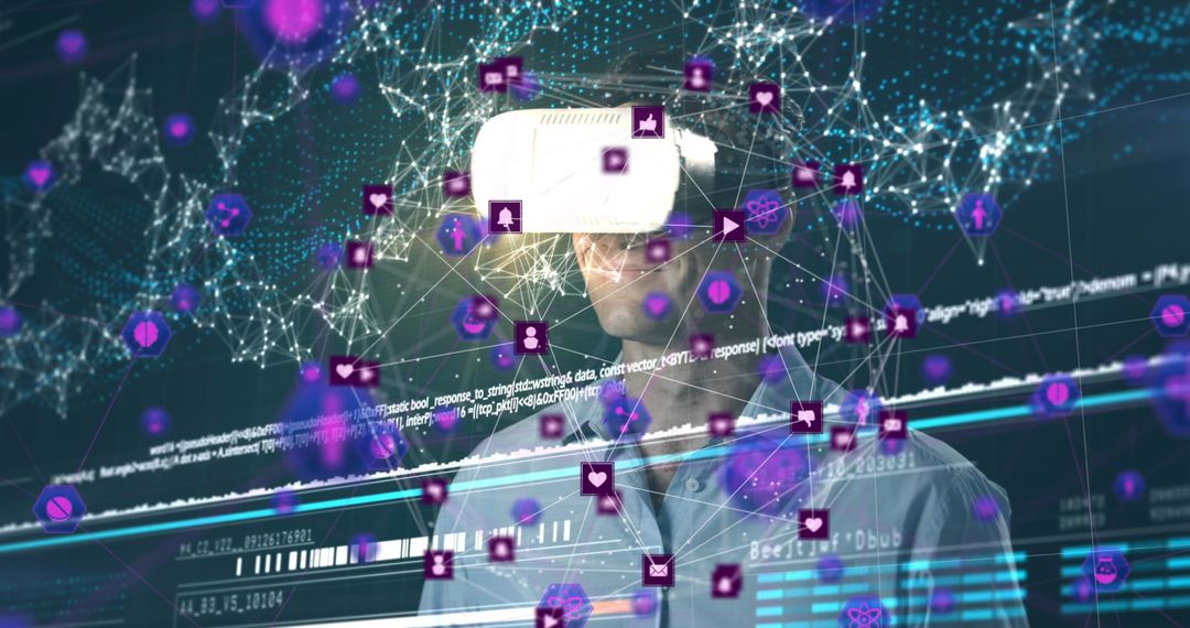 Man in VR Headset Navigating Networked Technology Interface