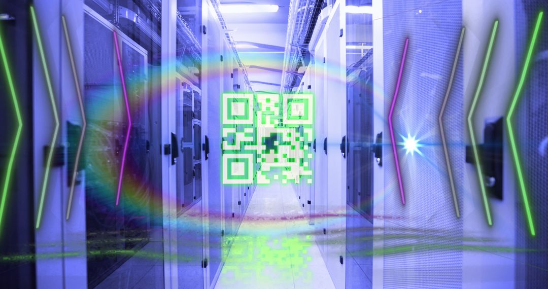 Glowing QR Code in Neon Server Room Multiplatform Security