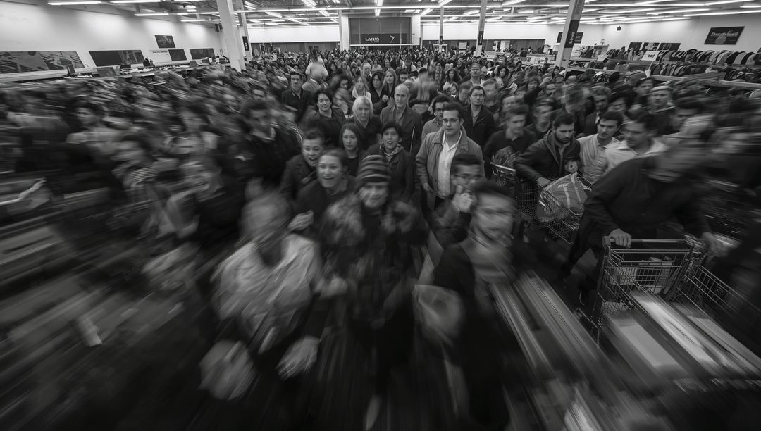 Black and White Crowd Rushing Through Retail Store During Major Sale Event with Motion Blur