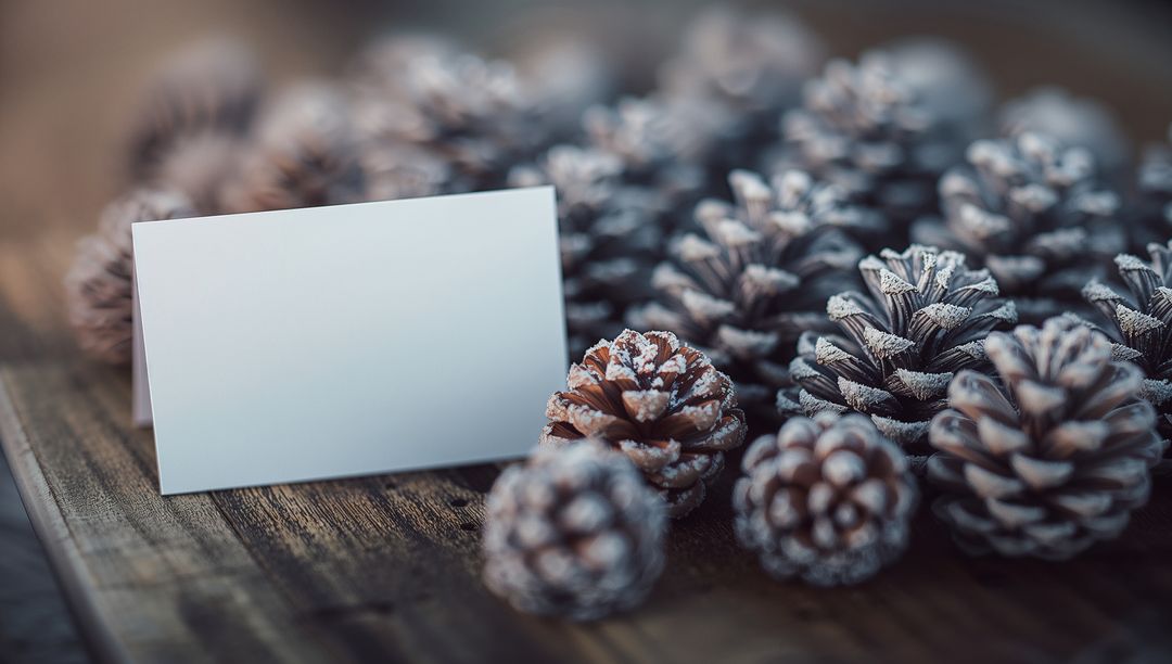 Rustic Winter Scene with Frosted Pine Cones and Blank Tent Card