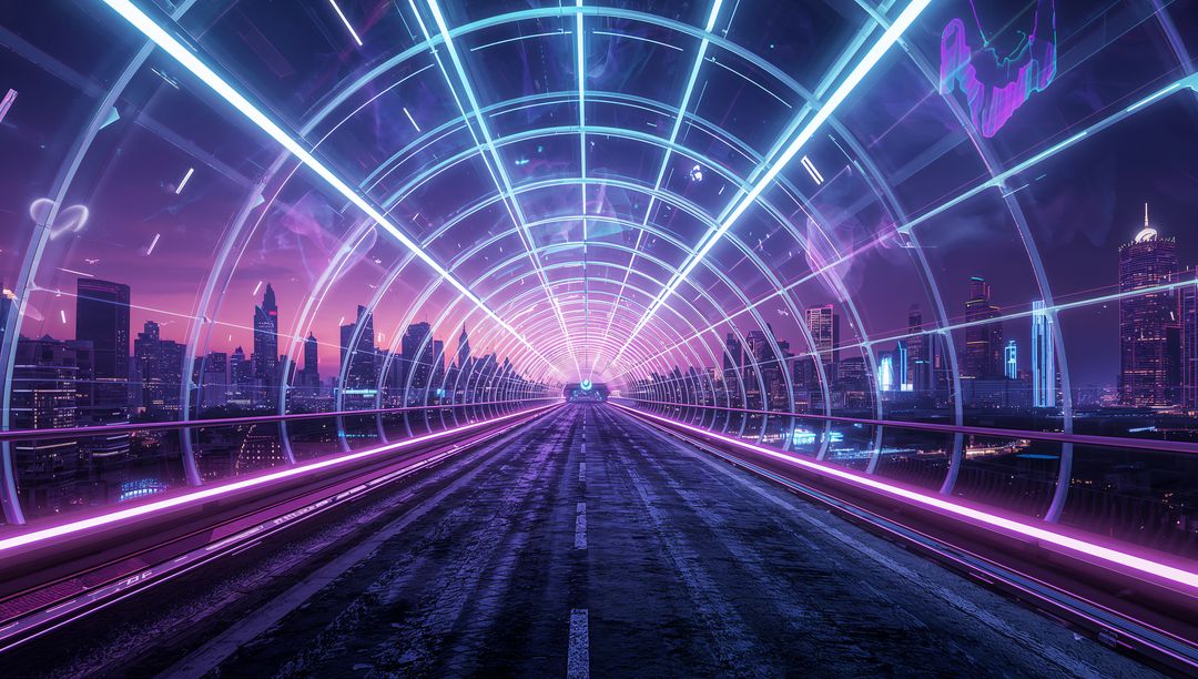 Neon Illuminate Tunnel With City Skyline in Cyberpunk Style