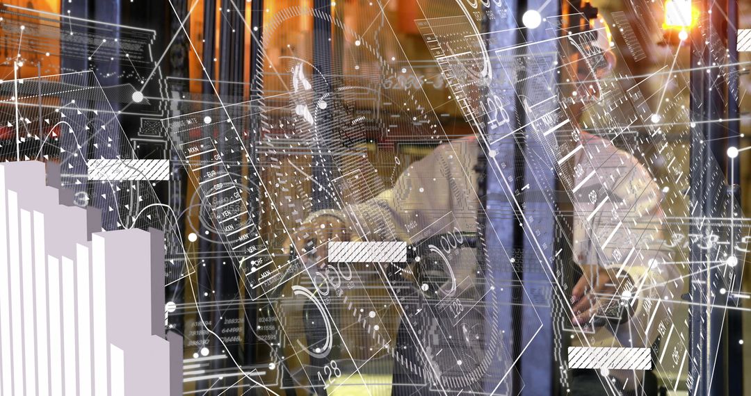 Technician Analyzing Server Racks with Digital Schematics