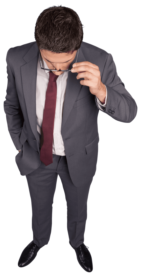 Transparent Businessman Adjusting Glasses Contemplatively